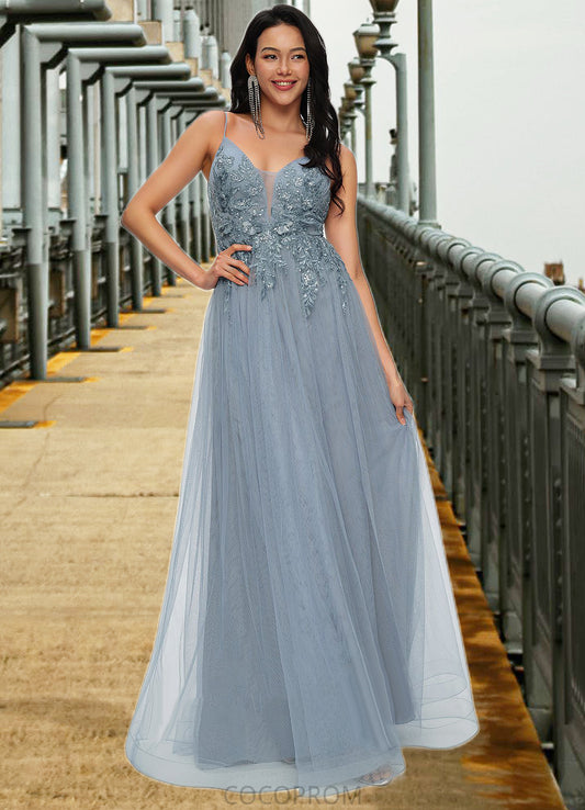 Hadassah A-line V-Neck Floor-Length Tulle Prom Dresses With Appliques Lace Sequins DBP0022223