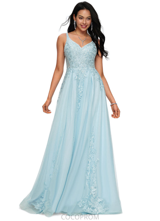 Florence A-line V-Neck Floor-Length Tulle Prom Dresses With Rhinestone Appliques Lace Sequins DBP0022225