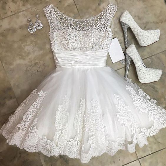Princess/A-Line Crew Neck Short White Dresses With Beading Carley Homecoming Dresses Lace Prom