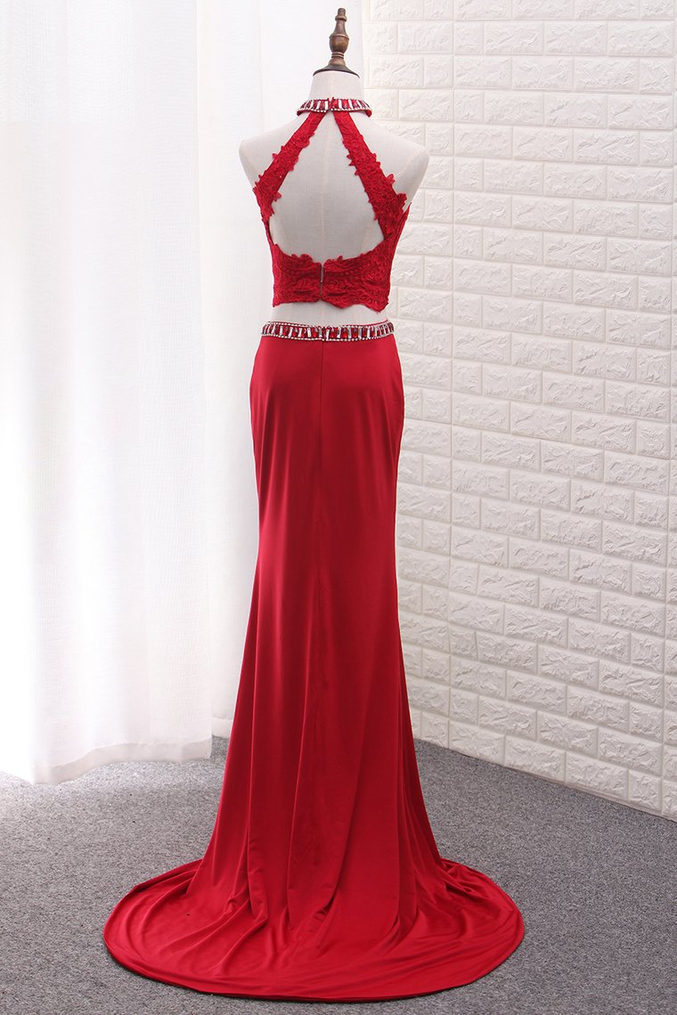 2022 Two Pieces High Neck Spandex Prom Dresses With Applique And Beads Sweep Train
