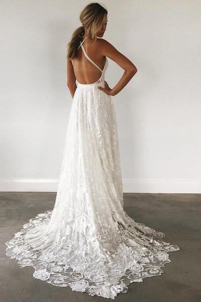 Charming Simple Ivory Lace A Line Court Train Spaghetti Straps Backless Side Slit Beach Wedding Dresses