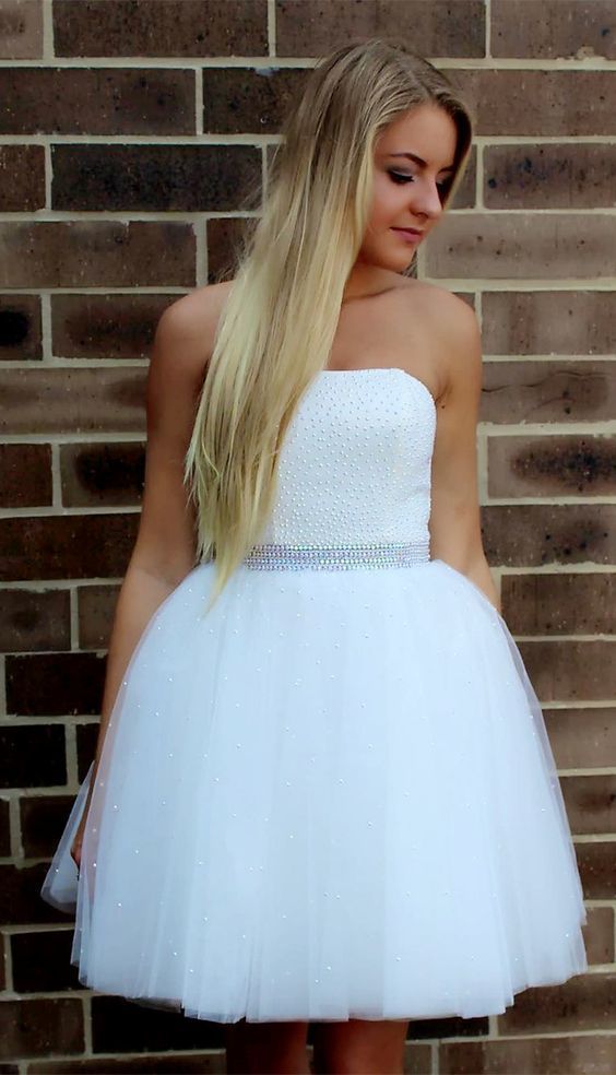 Strapless Ball Homecoming Dresses Marlee Gown Tulle Beading Short White Pleated Princess