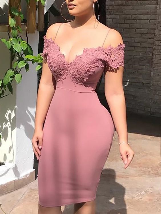 Dusty Rose Sheath Spaghetti Straps V Neck Off The Mollie Homecoming Dresses Satin Shoulder Appliques