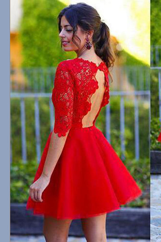 Elegant Red Half Sleeve Appliques Short Homecoming Dresses