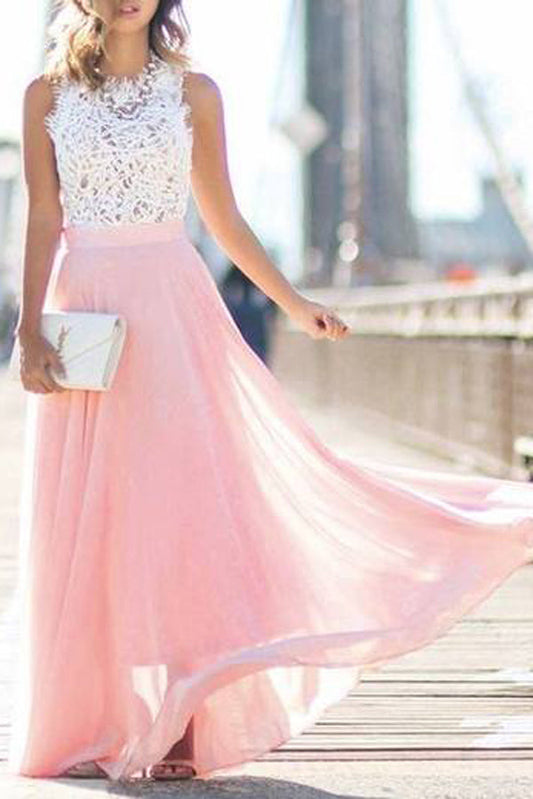 A Line Floor Length Sleevelss Appliques Pink Princess Prom Dresses