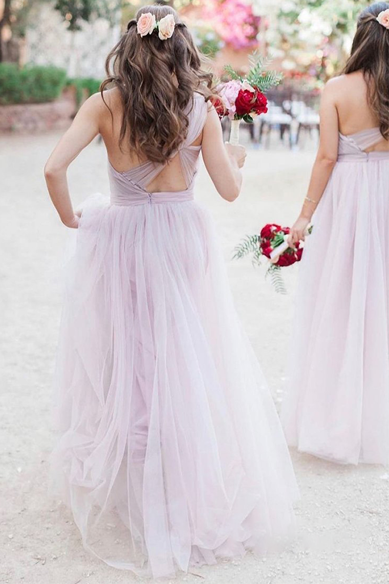 Savanah A-Line/Princess Natural Waist Sleeveless One Shoulder Floor Length Tulle Bridesmaid Dresses