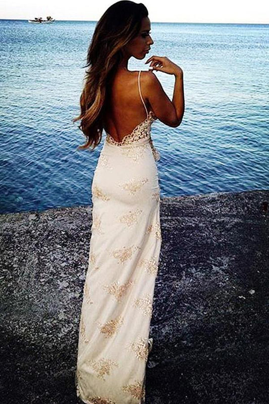 Sheath Ivory And Pink Long Spaghetti Straps Backless Side Slit Prom Dresses