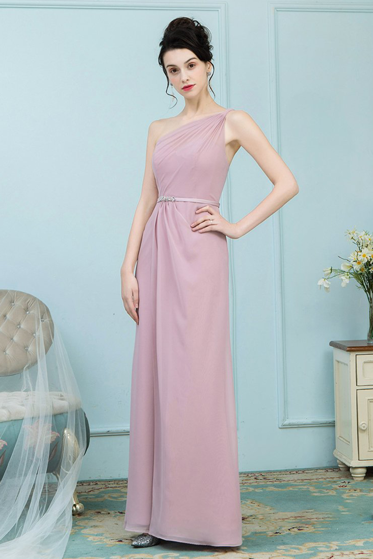 Brenna Floor Length One Shoulder Natural Waist Sheath/Column Chiffon Sleeveless Bridesmaid Dresses