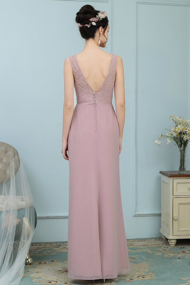 Viviana Sleeveless Sheath/Column Floor Length Scoop Lace Chiffon Natural Waist Bridesmaid Dresses