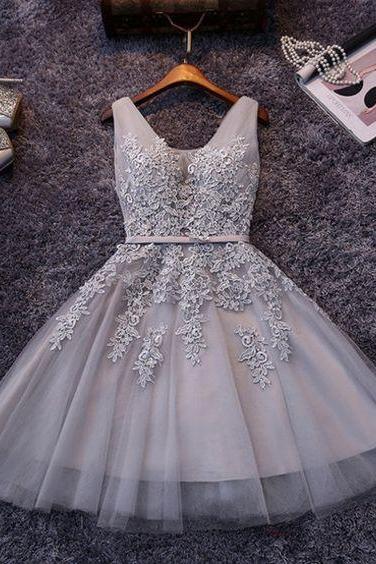 Homecoming Dresses Daniela Princess/A-Line V-Neck Appliques Gray Tulle Dresses Prom