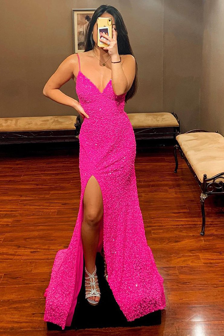 Sevy Glitter Hot Pink Backless Long Prom Dress