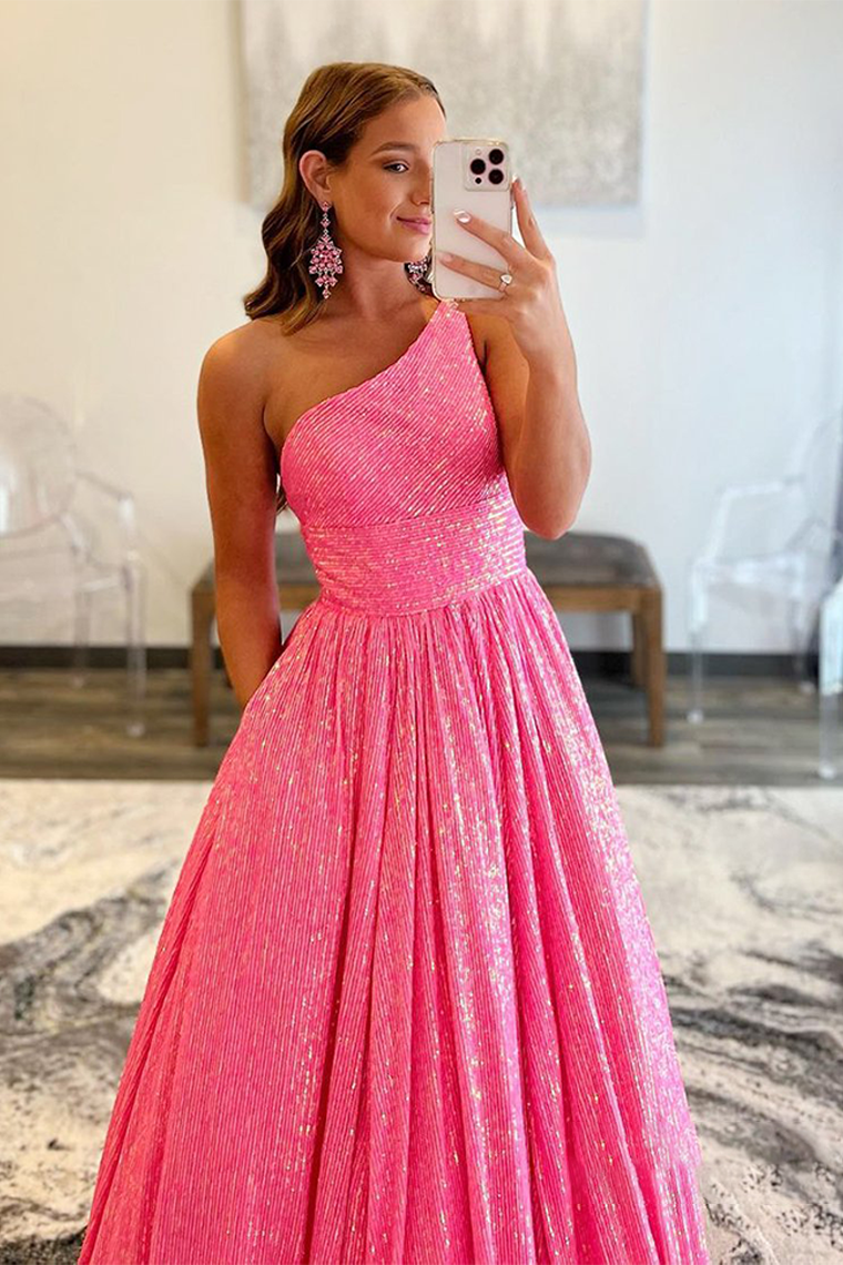 Pink Cute One-Shoulder Backless Long Prom Dress