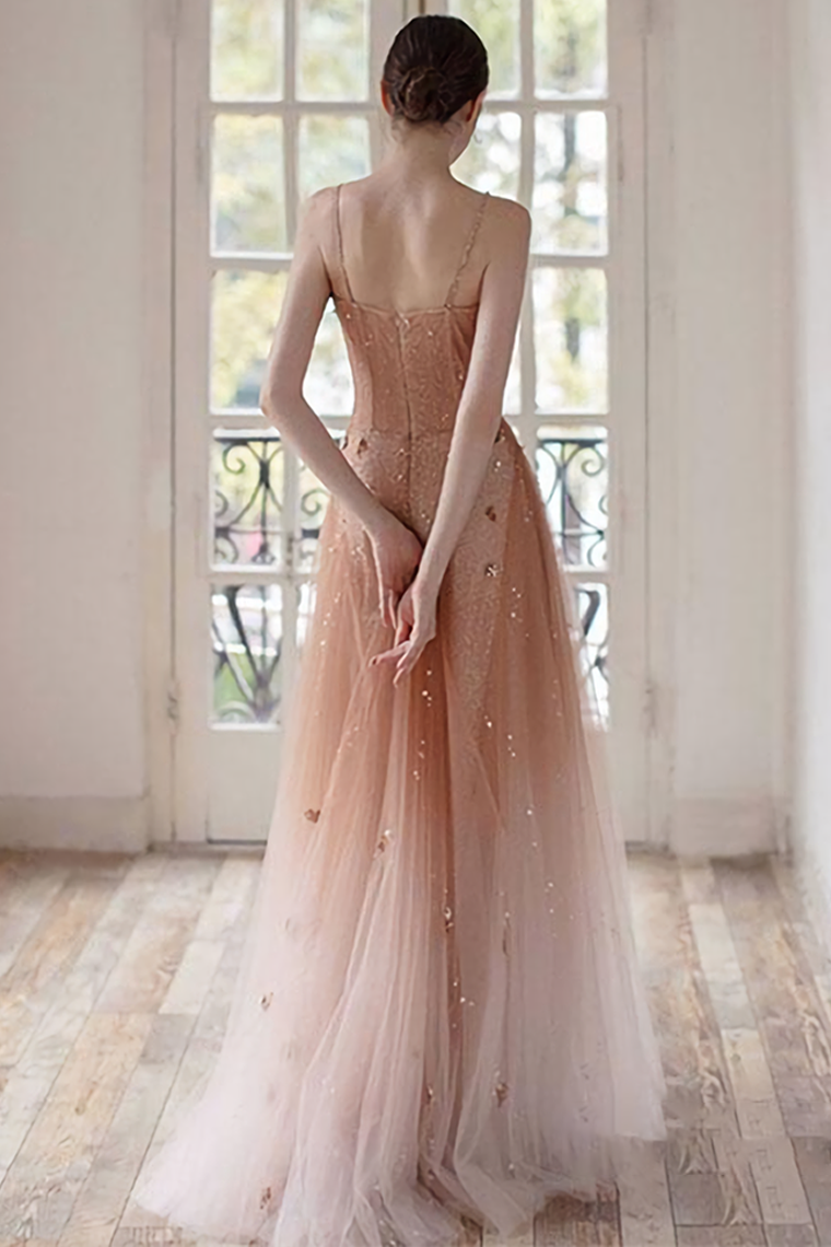 Unique Pink Tulle Long Prom Dress Tulle Evening Dress