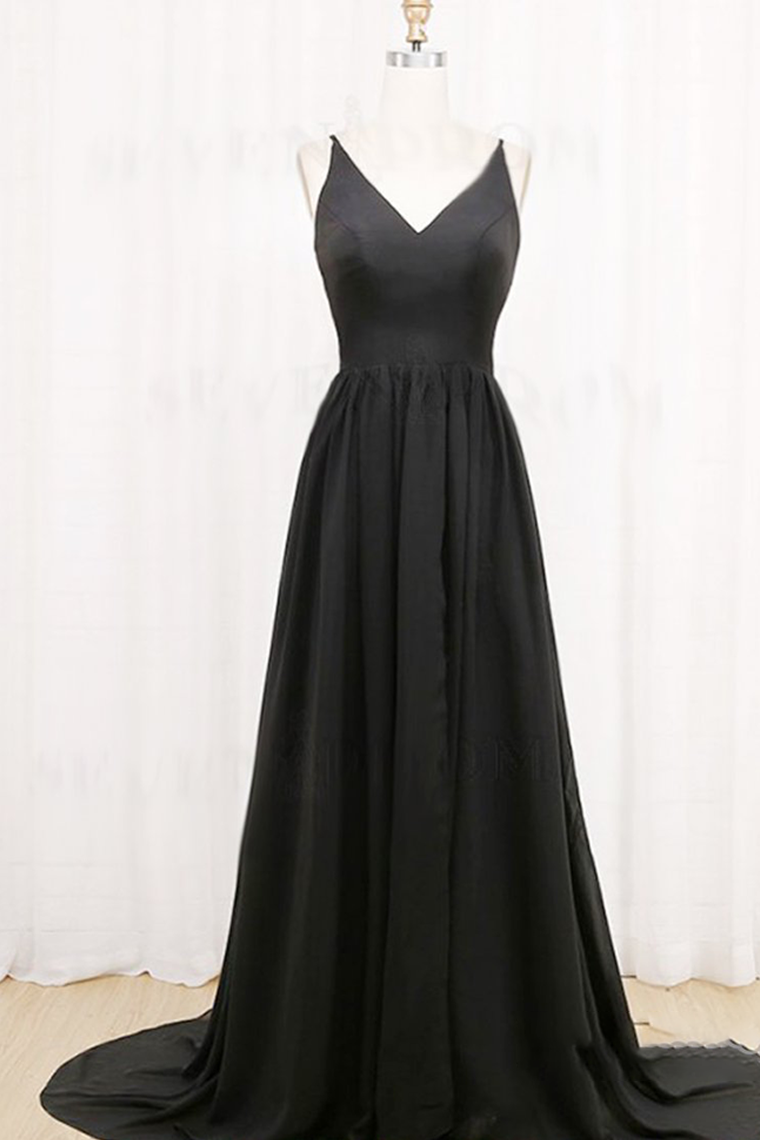 Simple Long A-Line Spaghetti Straps Black Prom Dress with Split