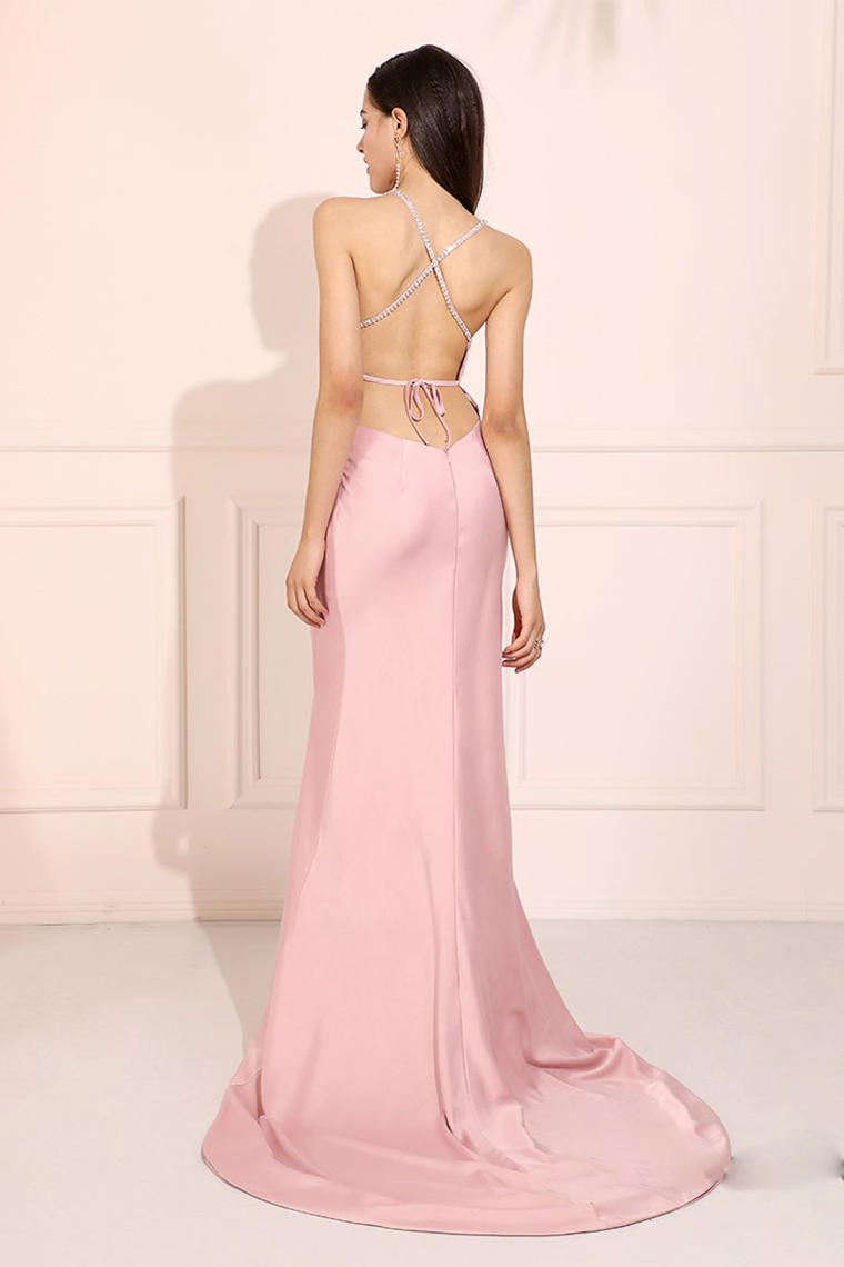 Simple Pink Long Prom Dress Side Split Evening Dress