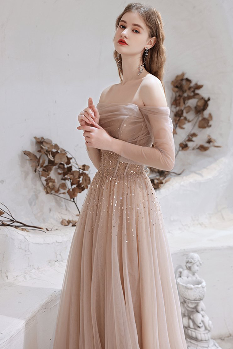 A-line Strapless Champagne Prom Dress Starlight Long Evening Dress