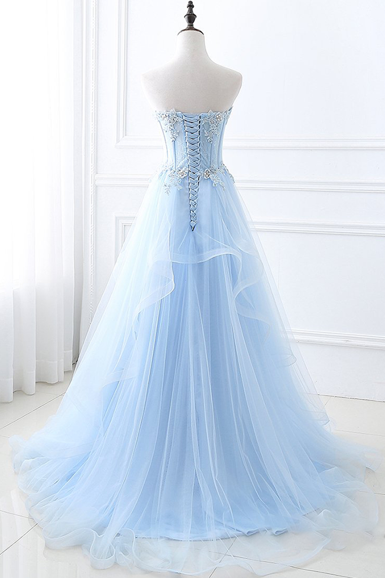 Off-the-Shoulder Backless Sky Blue Prom Dress with Appliques