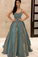 Spaghetti Straps Sage Sleeveless Long Prom Dress with Sequin Evening Dress