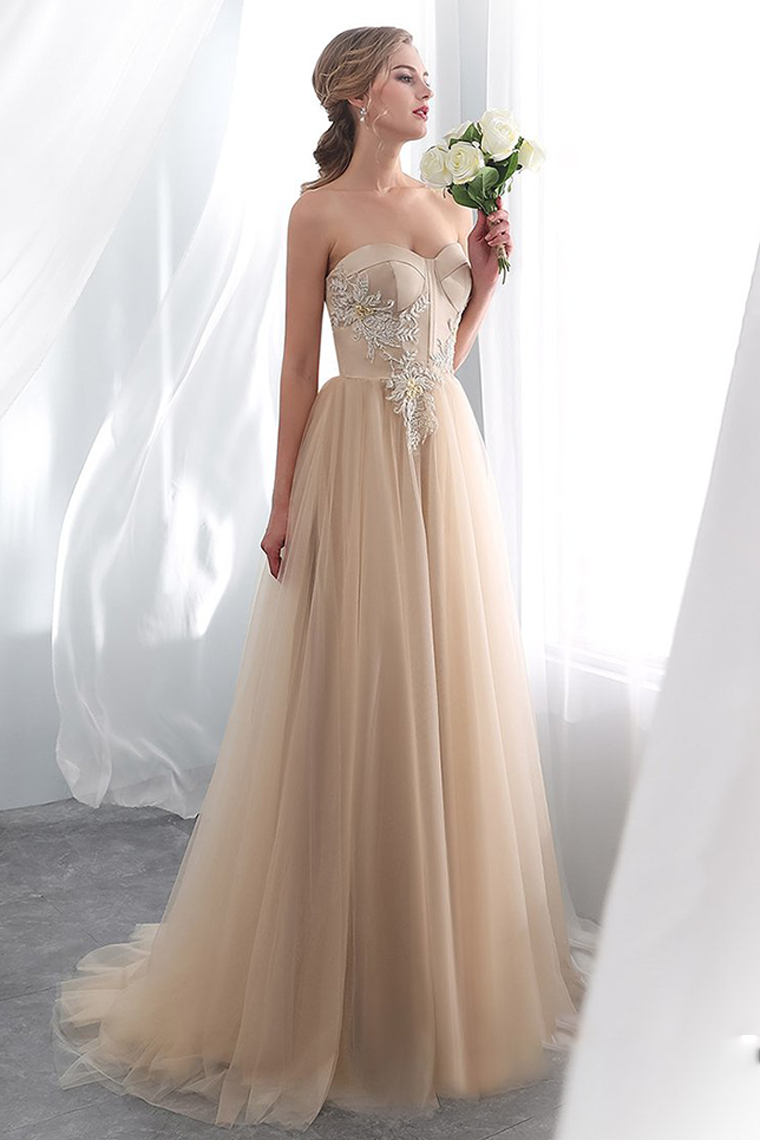 A-line Strapless Champagne Prom Dress Appliques Long Evening Dress