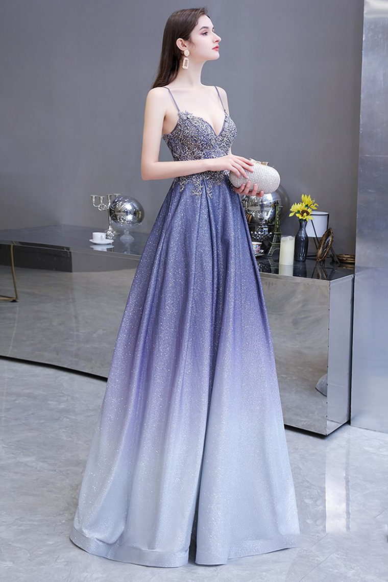 A-line Spaghetti Straps Prom Dress Long Lavender Sequins Evening Dress