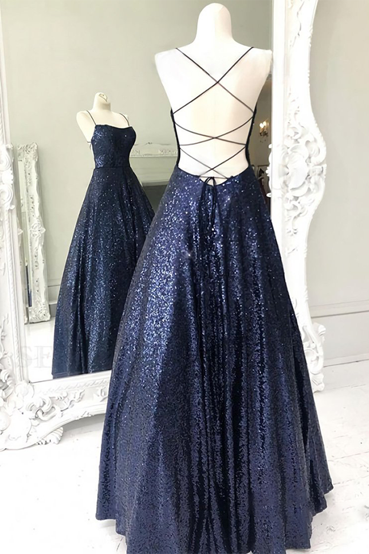 Long Navy Blue Sequin Prom Dress