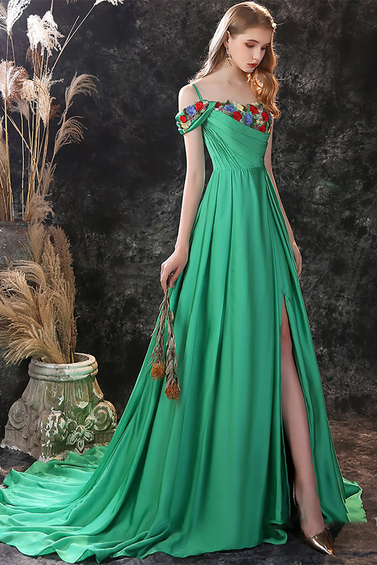 Green Prom Dress Flower Pattern Ornament Evening Dress