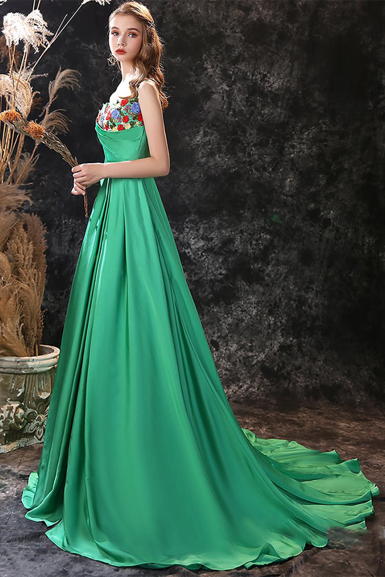 Green Prom Dress Flower Pattern Ornament Evening Dress