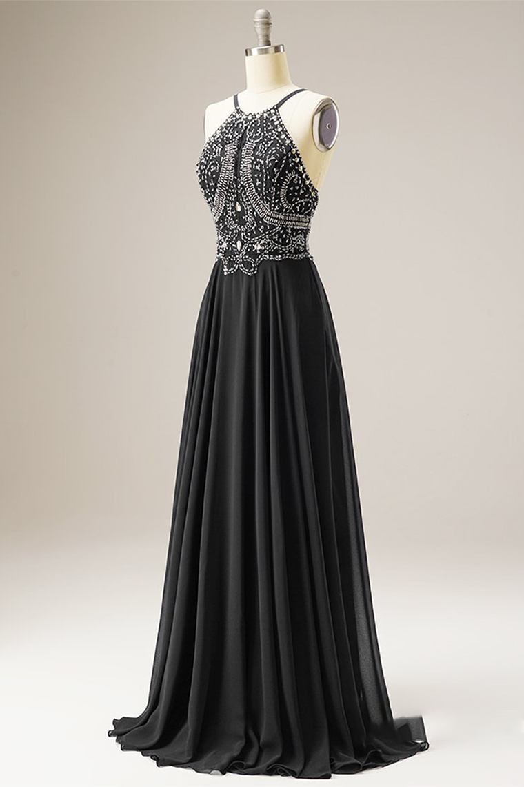 Glitter Beading Halter Long Sequines Pleats Prom Dress Evening Dress
