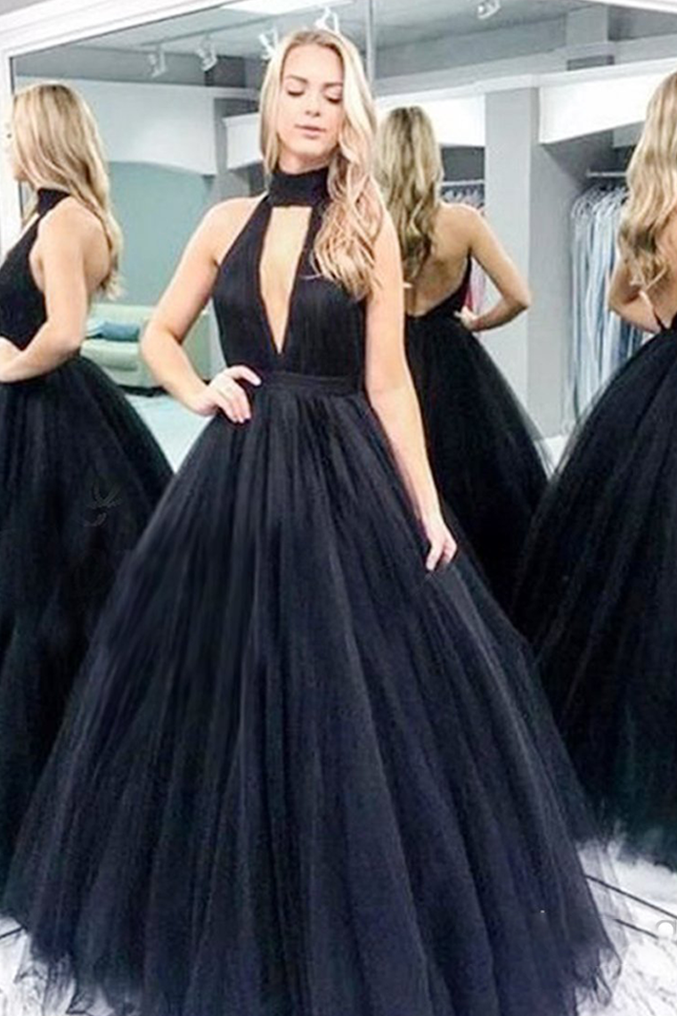 Ball Gown Halter Sleeveless Keyhole Backless Black Sexy Prom Dress