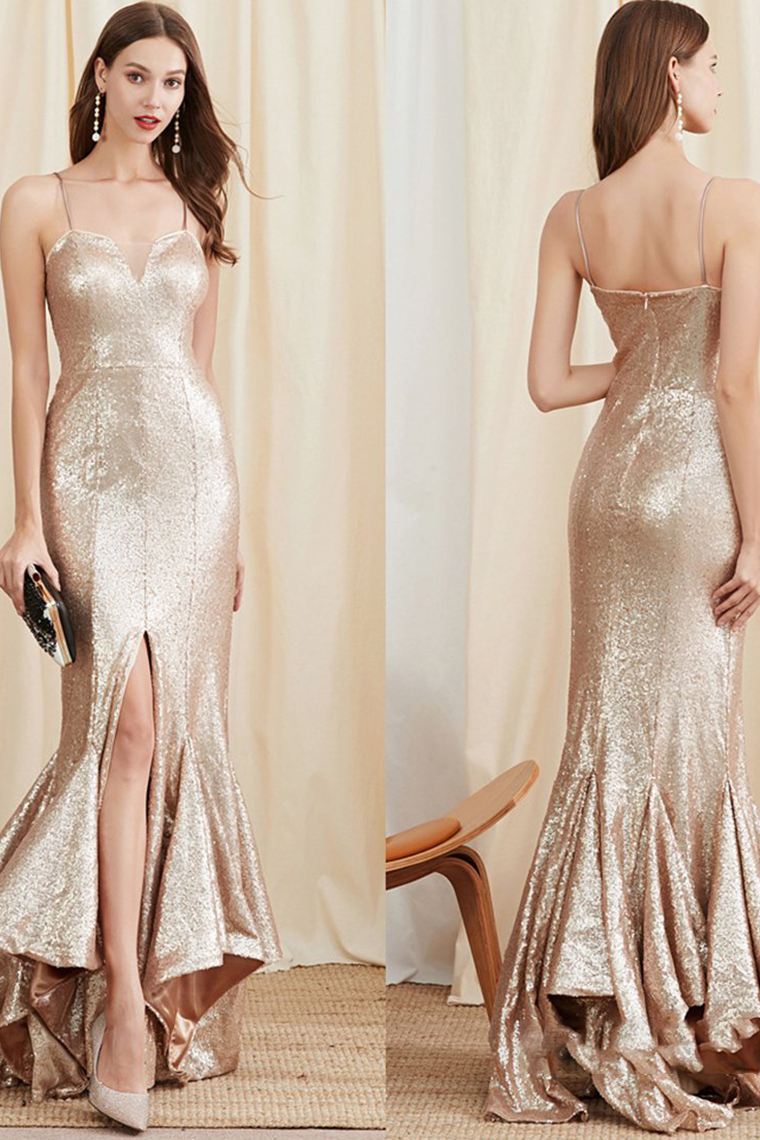 Champagne Long Mermaid Prom Dress with Sequins