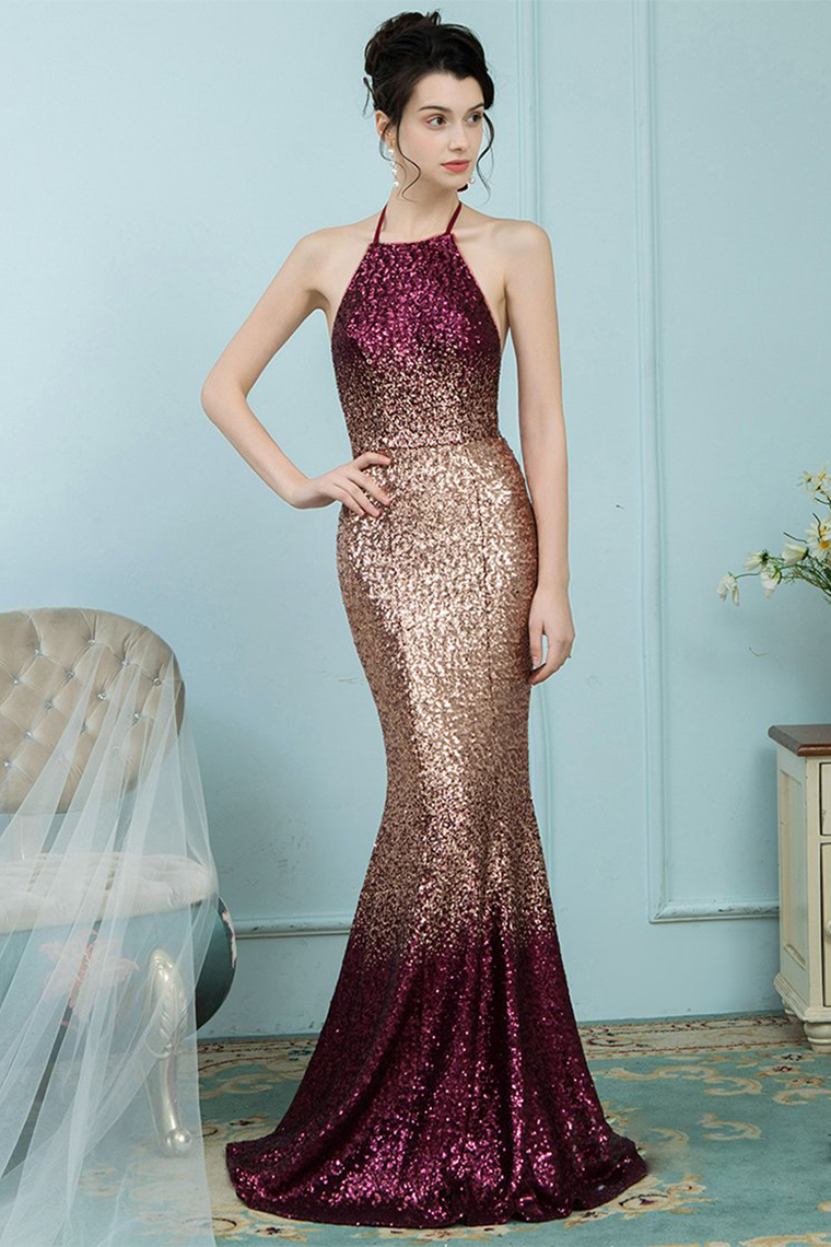 Glitter Omber Gold Halter Long Sequines Pleats Prom Dress