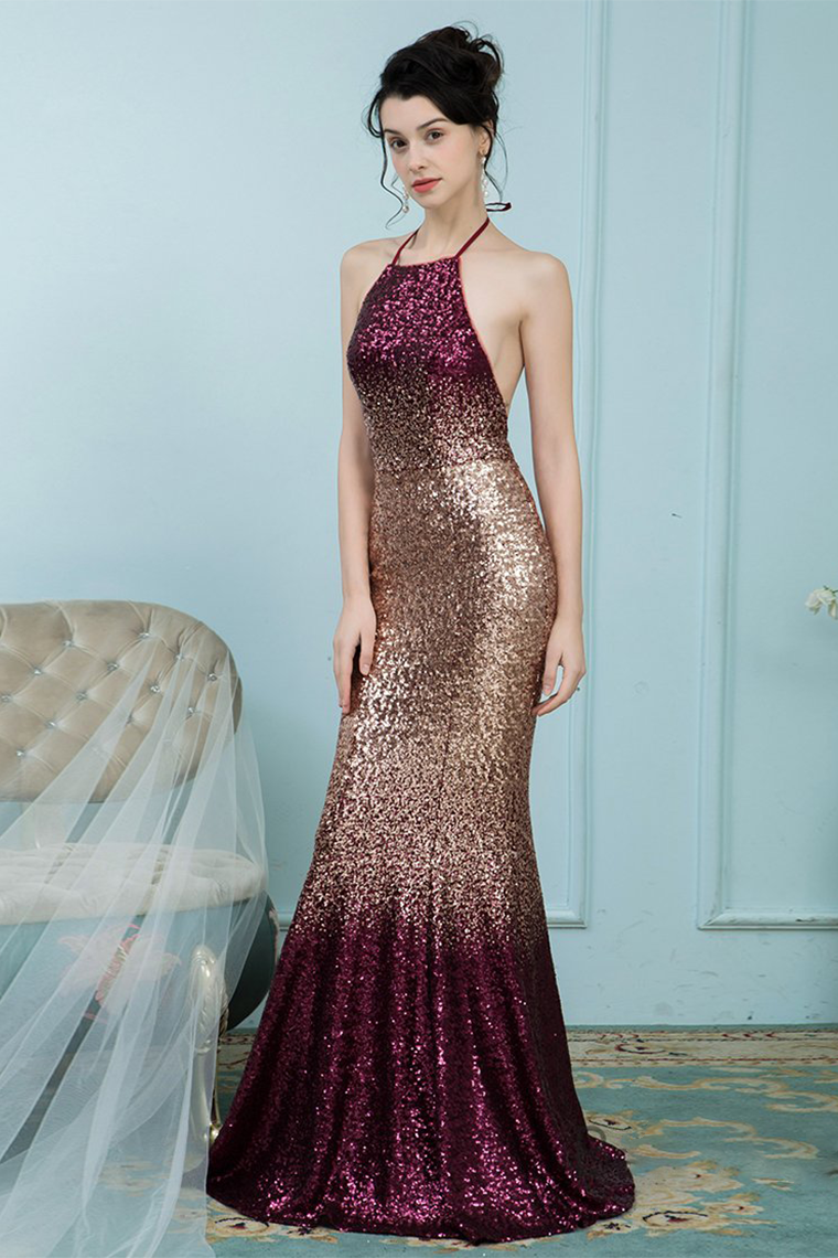 Glitter Omber Gold Halter Long Sequines Pleats Prom Dress