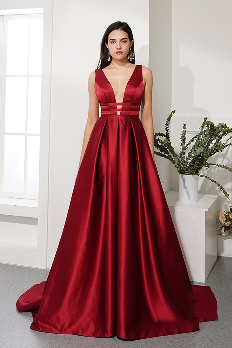 Hot Selling Red Prom Dress Deep V Neck Evening Dress