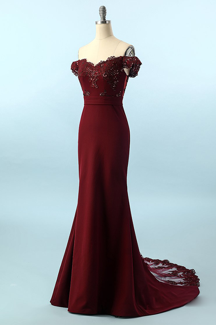 Stylish Burgundy Mermaid Prom Dress Off the Shoulder Evening Dress