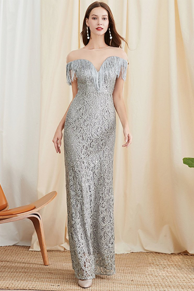 Silver Long Sweetheart Tassel Prom Dress with Split