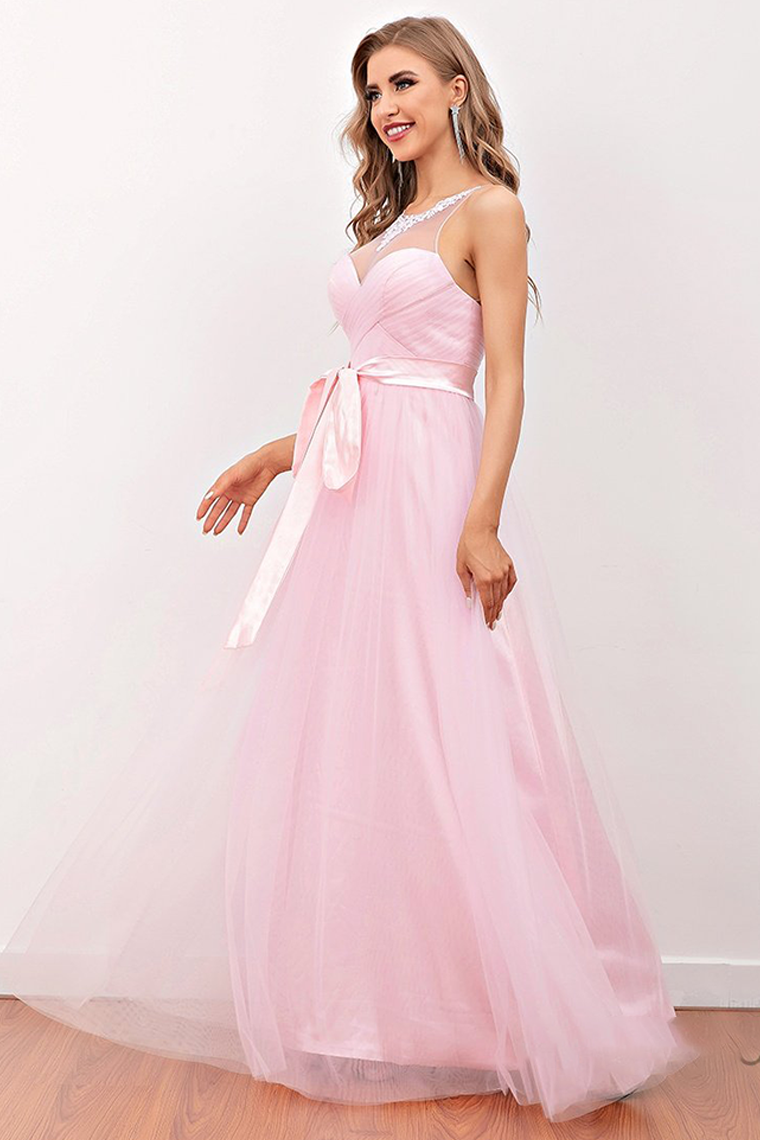 Pink Illusion Back Long Bridesmaid Dress