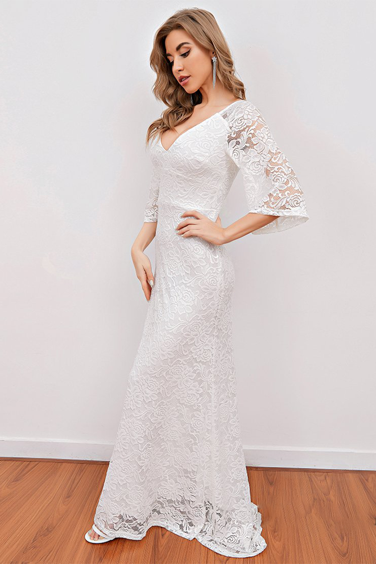 Elegant V Neck White Bridesmaid Dress with 3/4 Sleeves