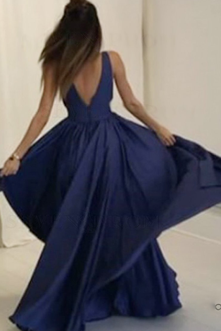 Simple Deep V-Neck Open Back Long Blue Prom Dress with Pockets