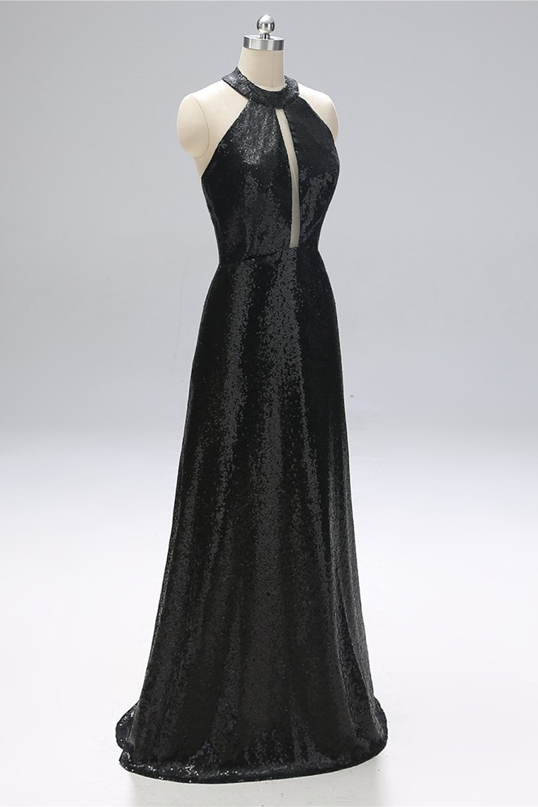 Glitter Black Prom Dress Open Back Evening Dress