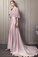 Pink A-Line V-Neck Satin Prom Dress with Appliques