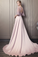 Pink A-Line V-Neck Satin Prom Dress with Appliques