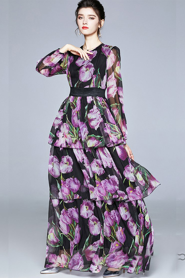 Long A-Line Chiffon Prom Dress with Floral Printed