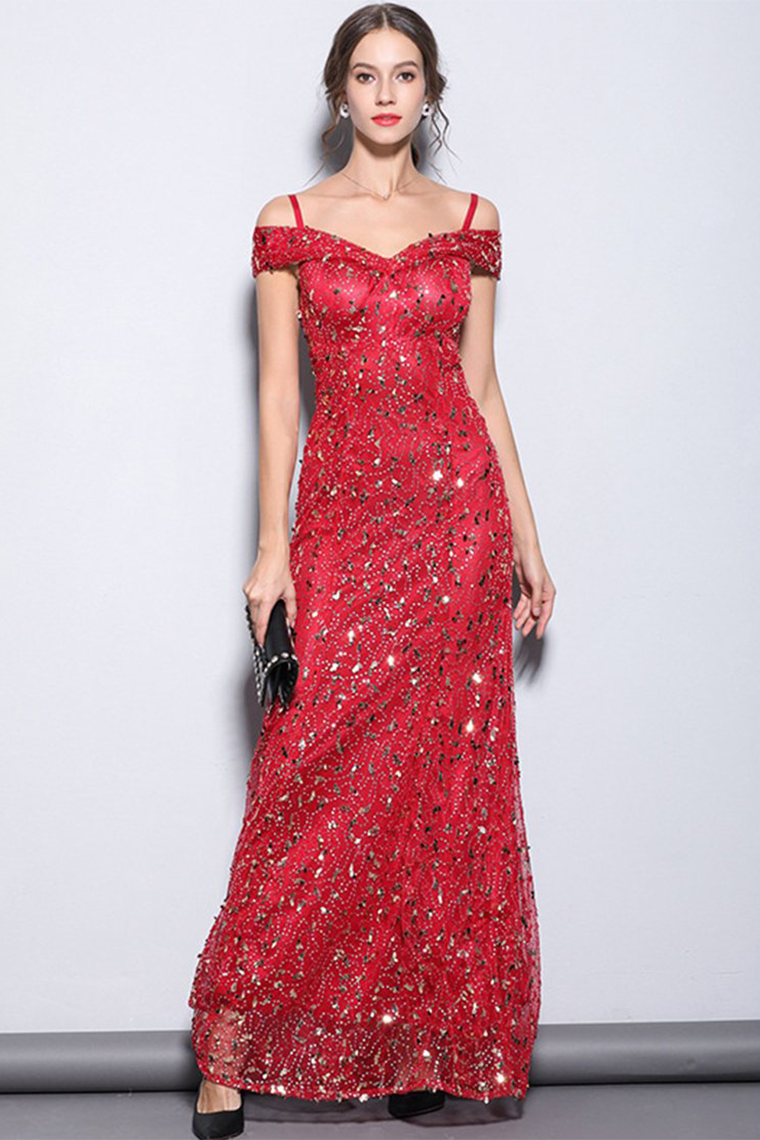 Long Red Mermaid Off-the-Shoulder Prom Dress with Sequins