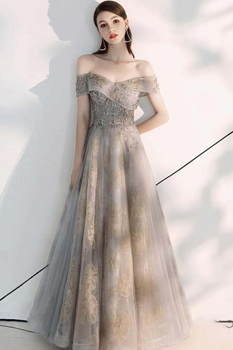 Gorgeous Off-the-Shoulder Prom Dress Grey Evening Dress