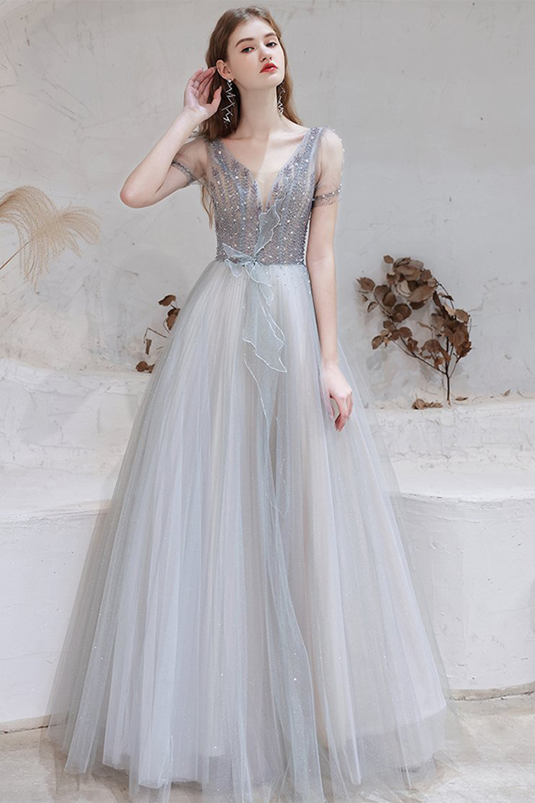 A-Line V-Neck Backless Grey Long Prom Dress with Starlight