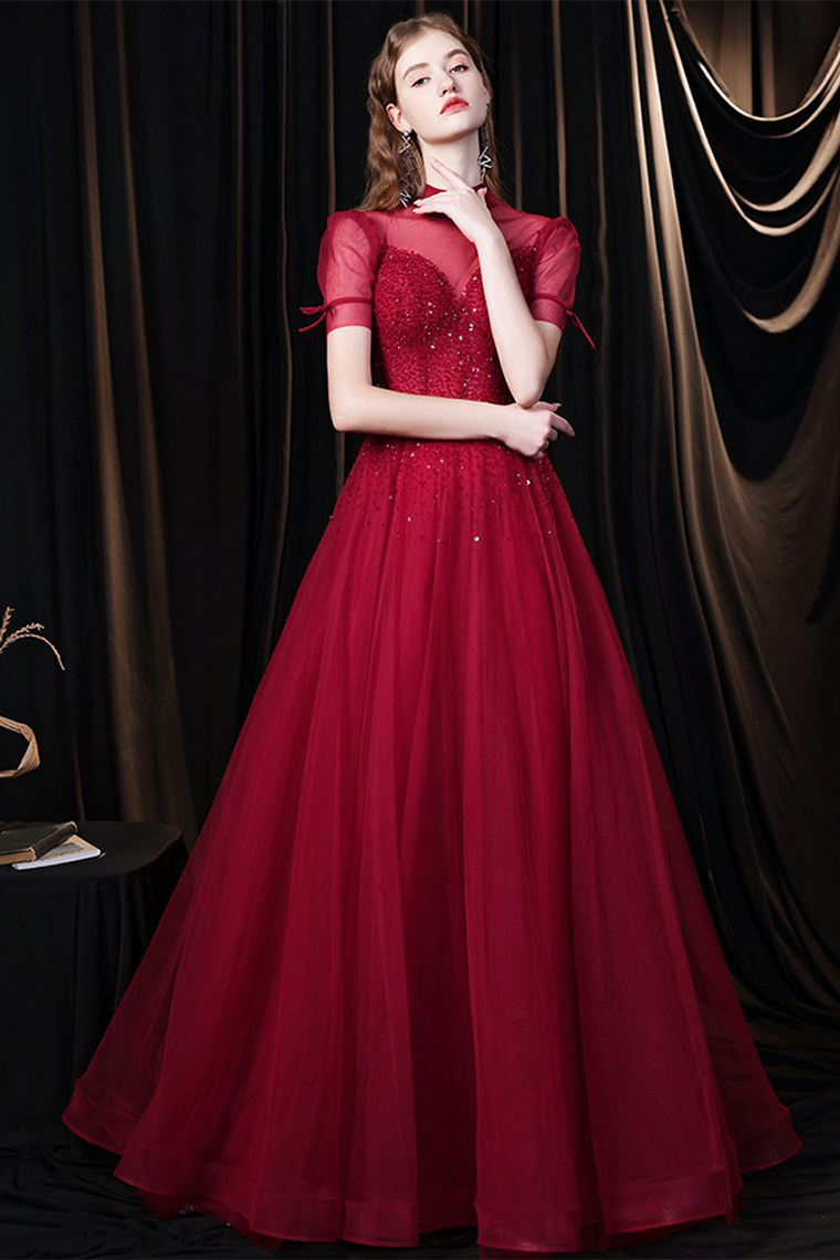 Fabulous Scoop Glitter Red Prom Dress Short Sleeves Starlight Evening Dress