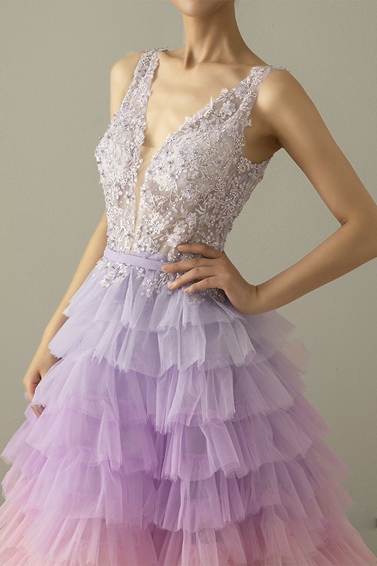 A-Line V-Neck Backless Applique Gradient Tulle Prom Dress