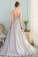 A-Line V-Neck Pleated Grey Satin Prom Dress with Appliques