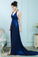 A-Line V-Neck Sweep Train Backless Royal Blue Prom Dress with Split