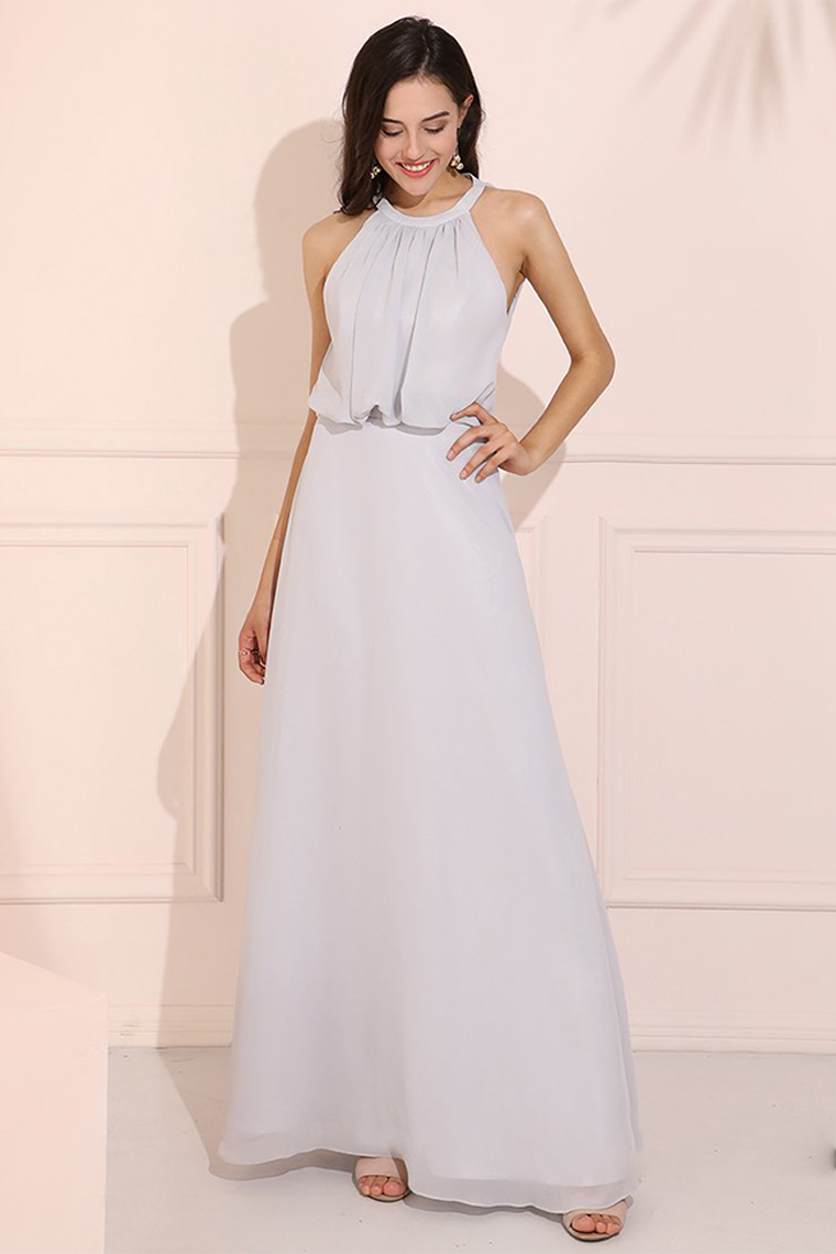 Simple Grey Chiffon Prom Dress Round Neck Long Evening Dress